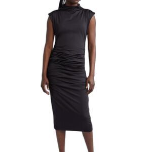 Open Edit Midi Dress Black Ruched Bodycon Minimalist Modern Size XXS